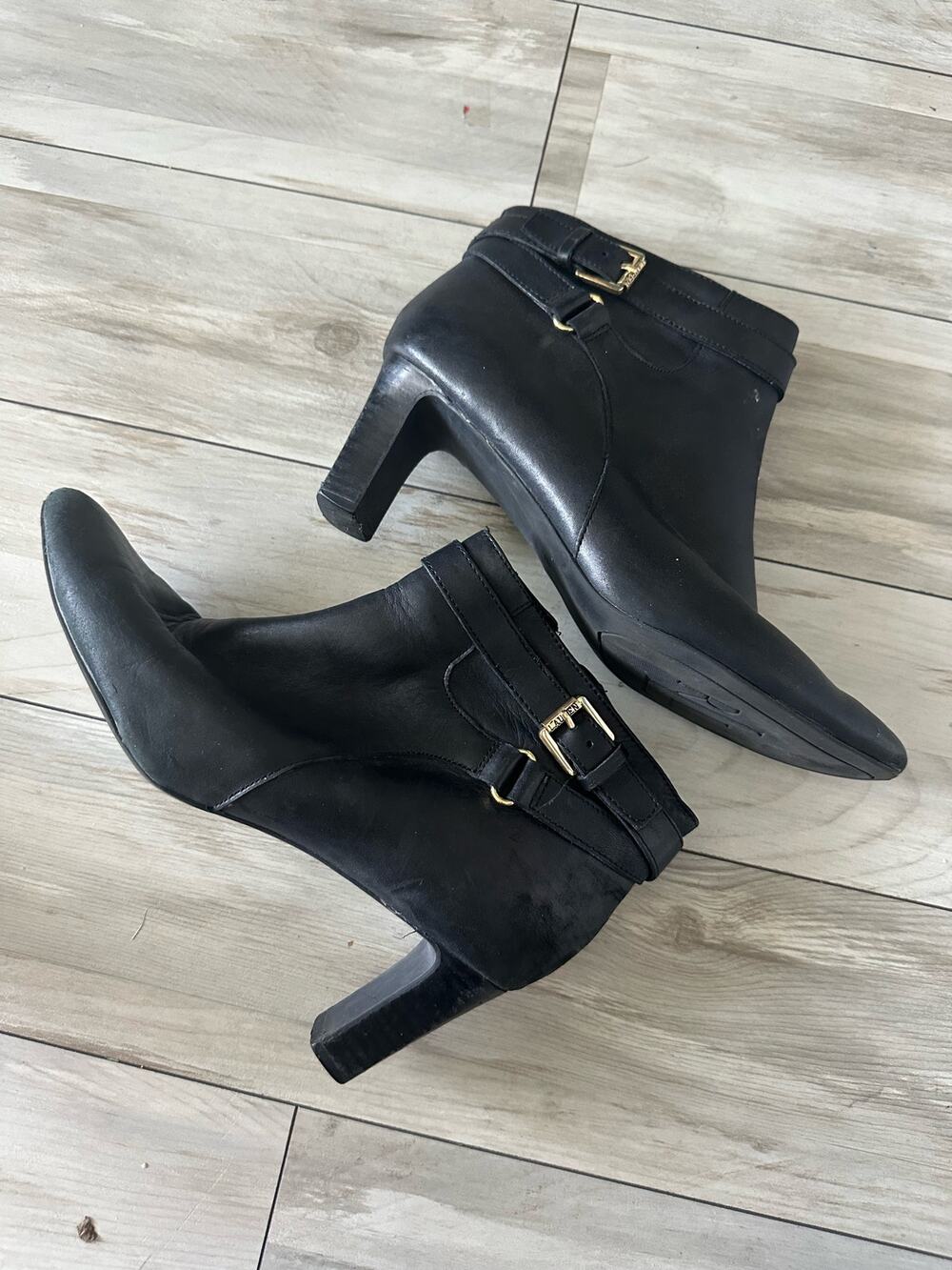 Lauren Ralph Lauren Boots 8 Black Nara Ankle Booties Heeled Leather Office Twee